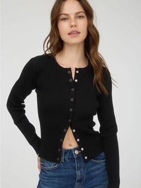 Black Ribbed Snap-Front Sweater Cardigan